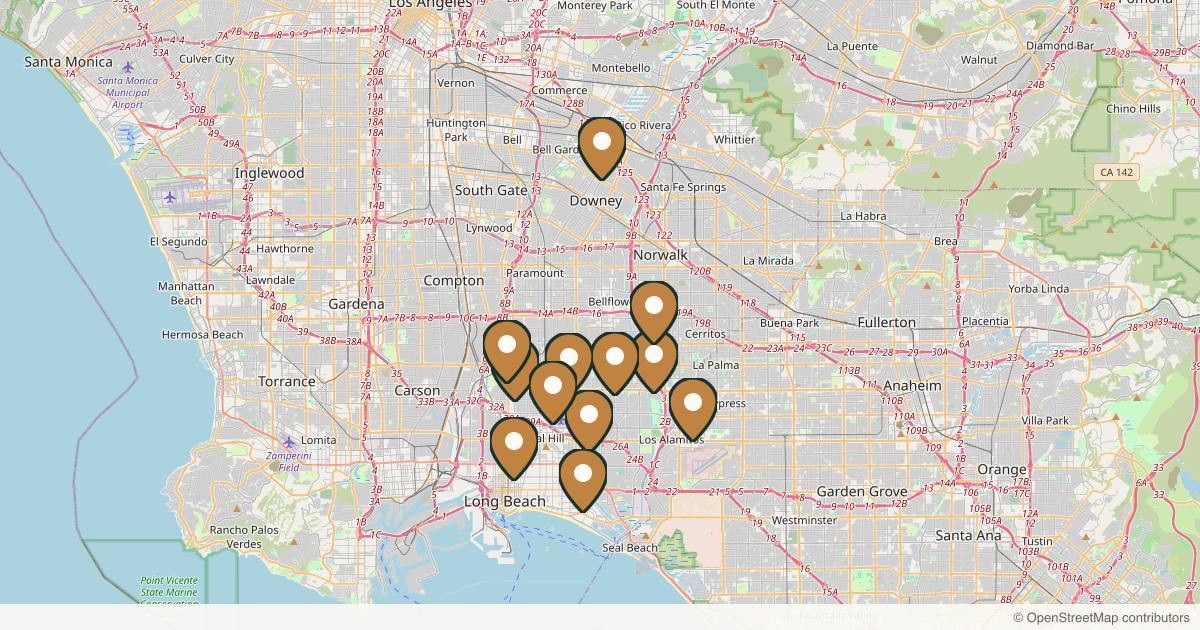 Map of 14 med spas and aesthetic clinics in Long Beach, California
