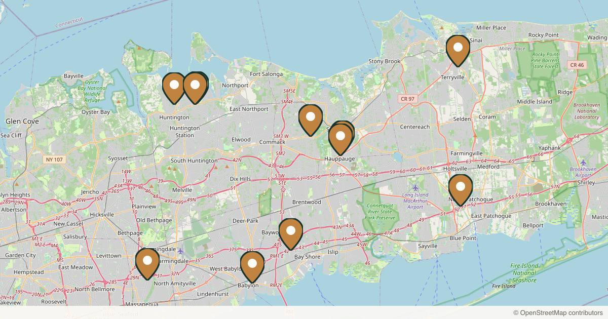 Map of 14 med spas and aesthetic clinics in Long Island, New York