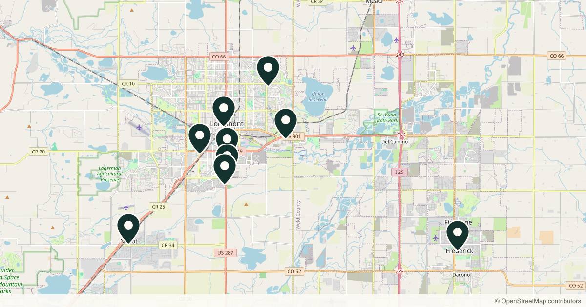 Map of 9 med spas and aesthetic clinics in Longmont, Colorado