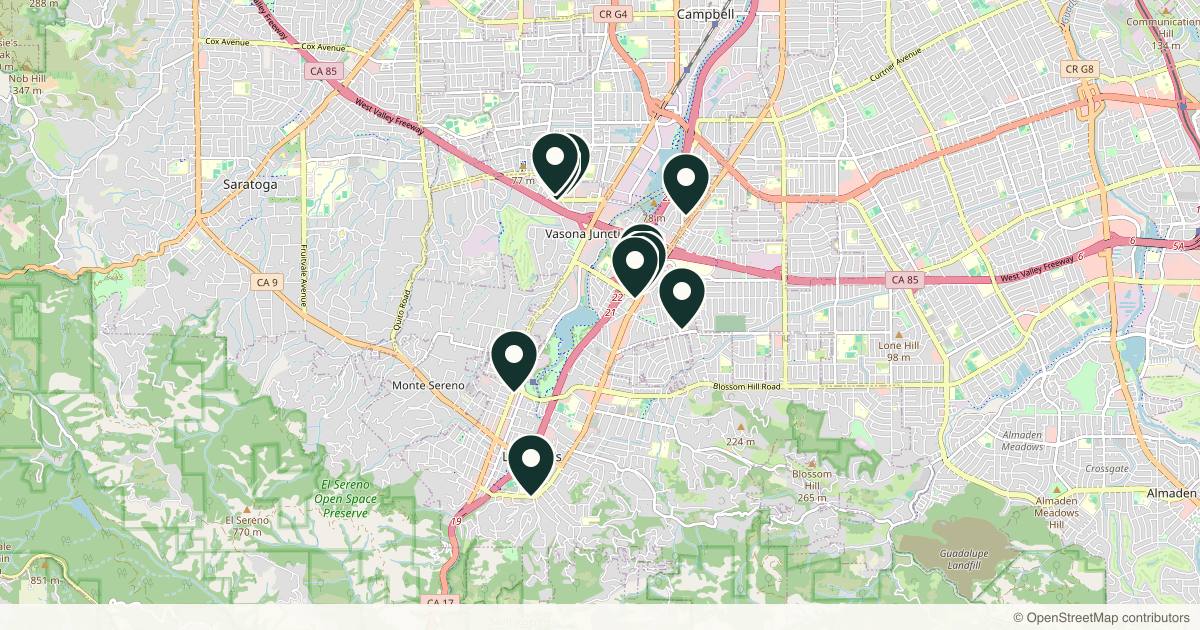 Map of 10 med spas and aesthetic clinics in Los Gatos, California