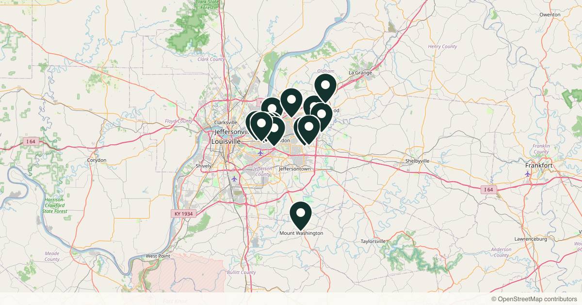 Map of 14 med spas and aesthetic clinics in Louisville, Kentucky