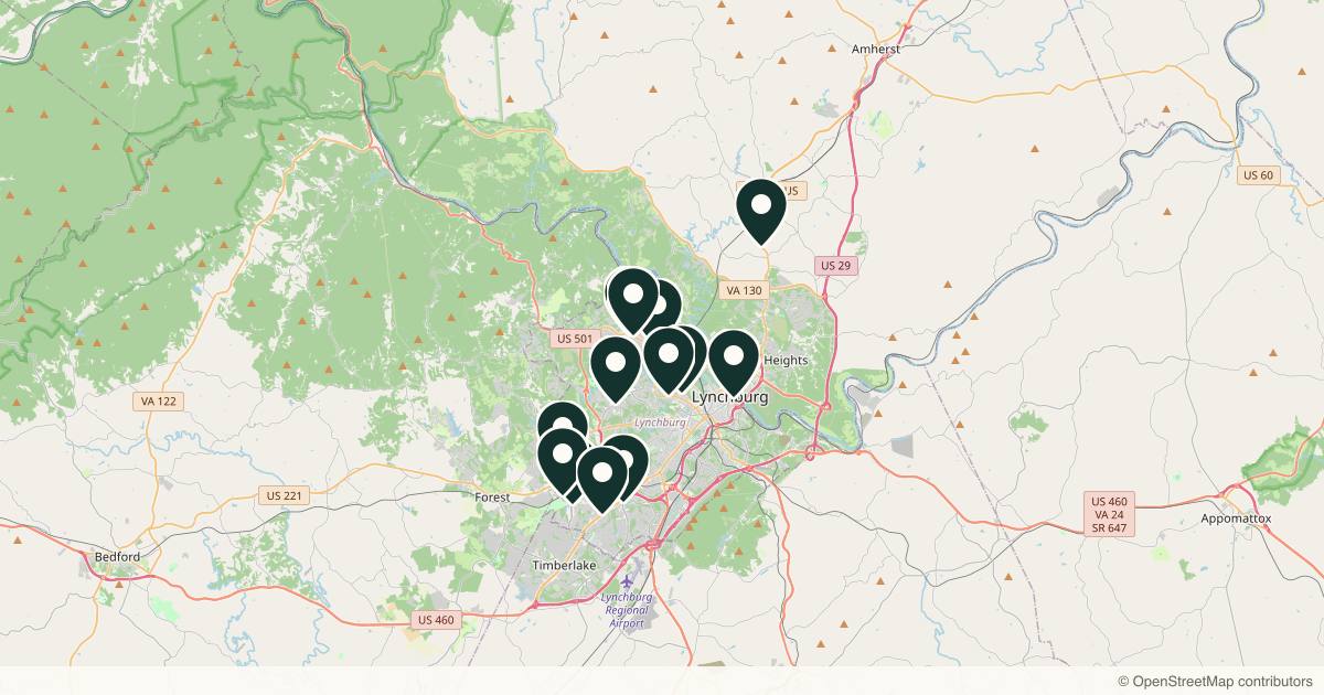 Map of med spas and aesthetic clinics in Lynchburg, Virginia