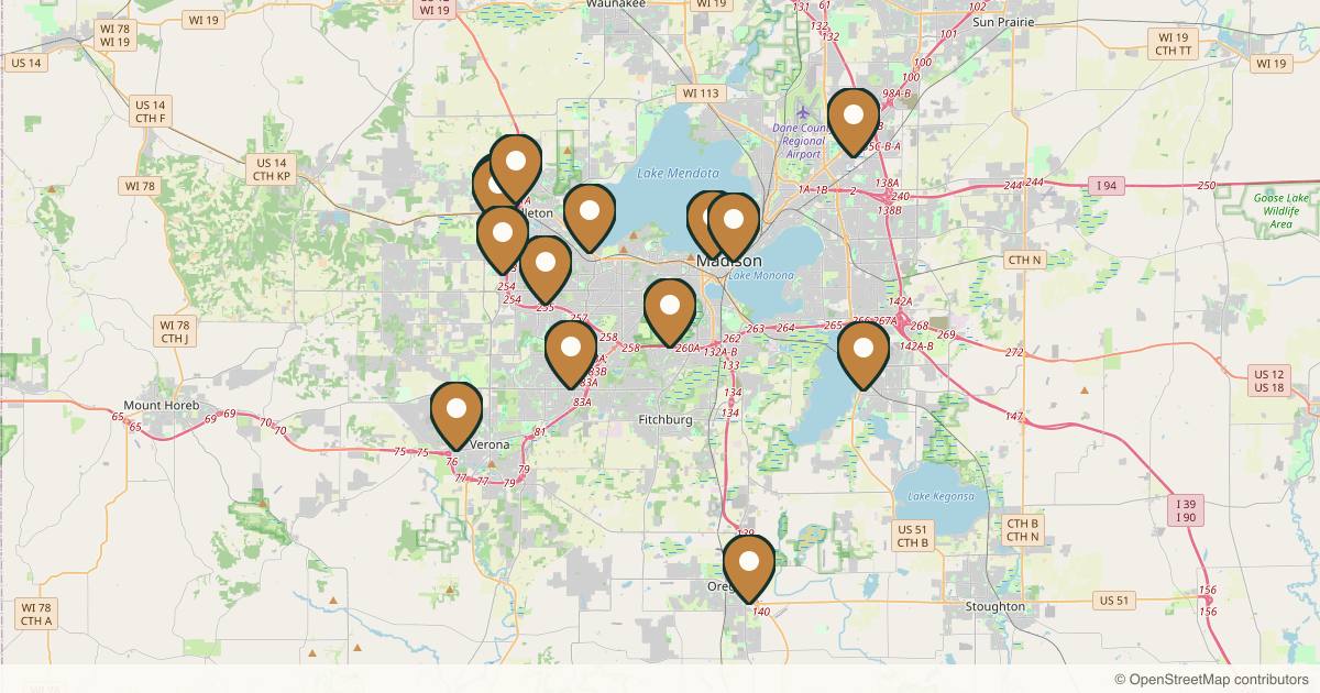 Map of 14 med spas and aesthetic clinics in Madison, Wisconsin