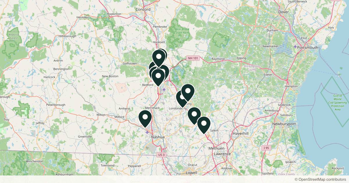 Map of 13 med spas and aesthetic clinics in Manchester, New Hampshire