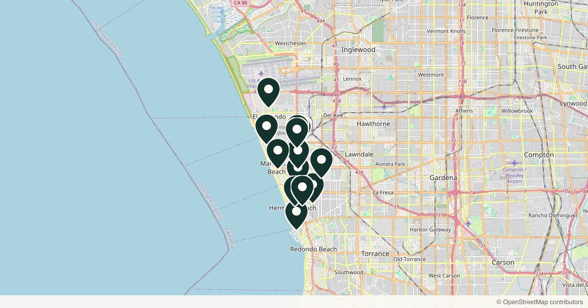 Map of 14 med spas and aesthetic clinics in Manhattan Beach, California