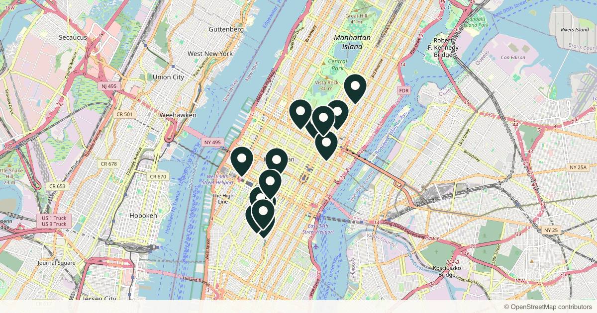 Map of 14 med spas and aesthetic clinics in Manhattan, New York