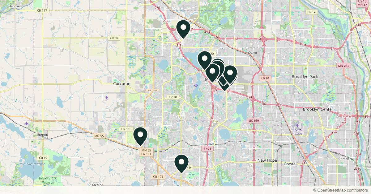 Map of 11 med spas and aesthetic clinics in Maple Grove, Minnesota