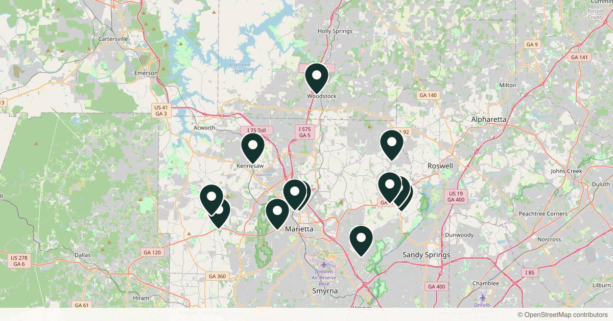 Map of 14 med spas and aesthetic clinics in Marietta, Georgia