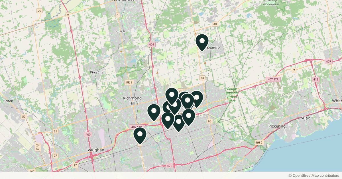 Map of 14 med spas and aesthetic clinics in Markham, Ontario