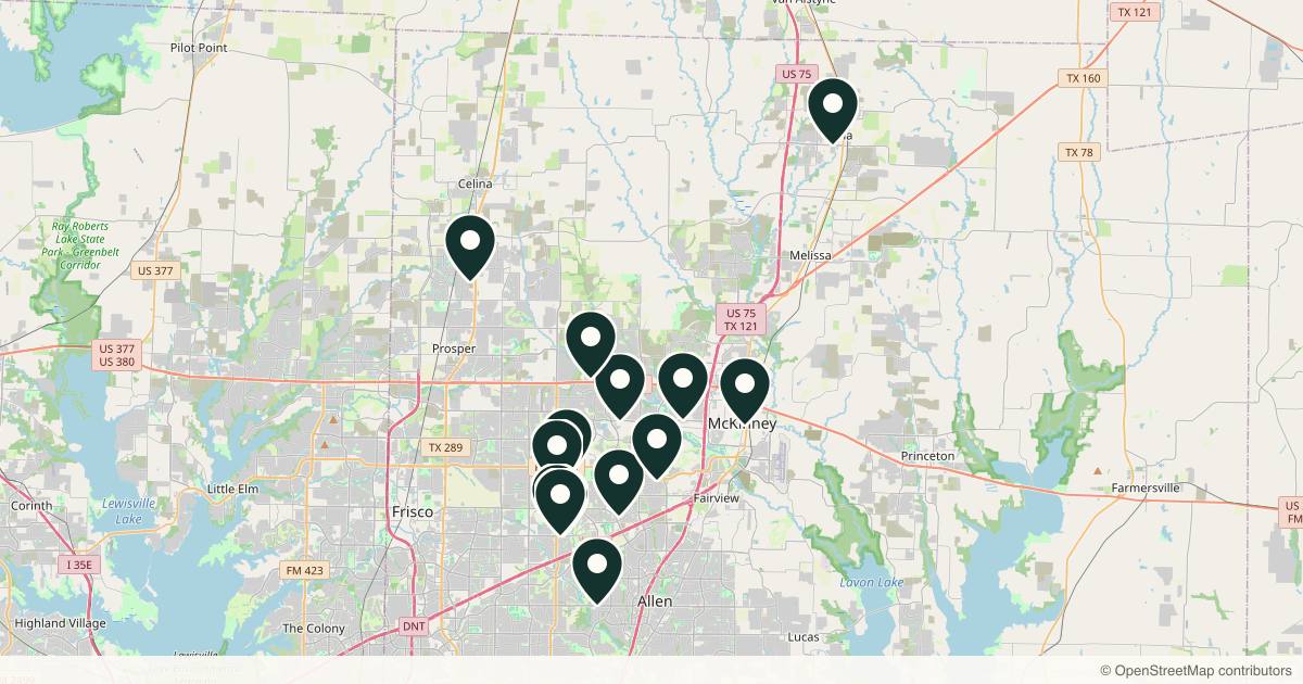 Map of 15 med spas and aesthetic clinics in McKinney, Texas