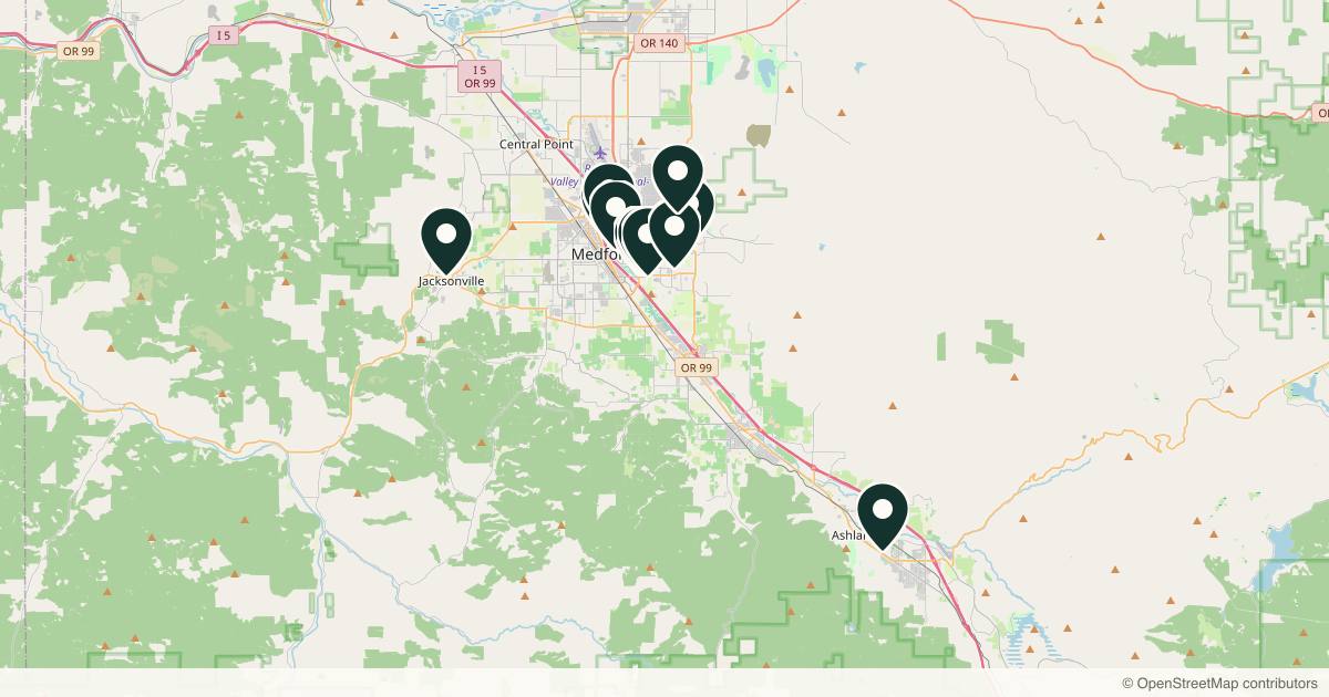 Map of 13 med spas and aesthetic clinics in Medford, Oregon