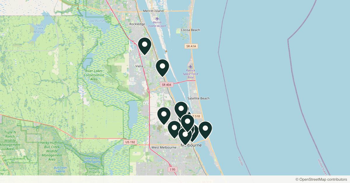 Map of 13 med spas and aesthetic clinics in Melbourne, Florida