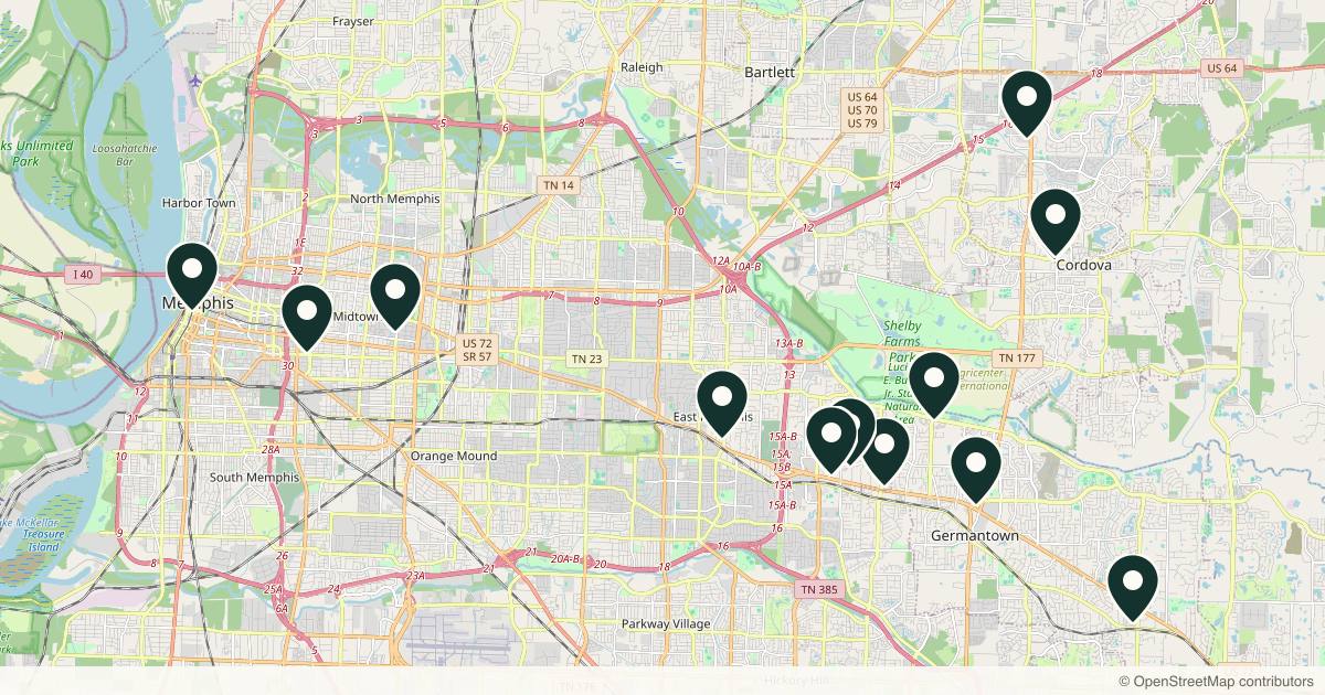 Map of 14 med spas and aesthetic clinics in Memphis, Tennessee