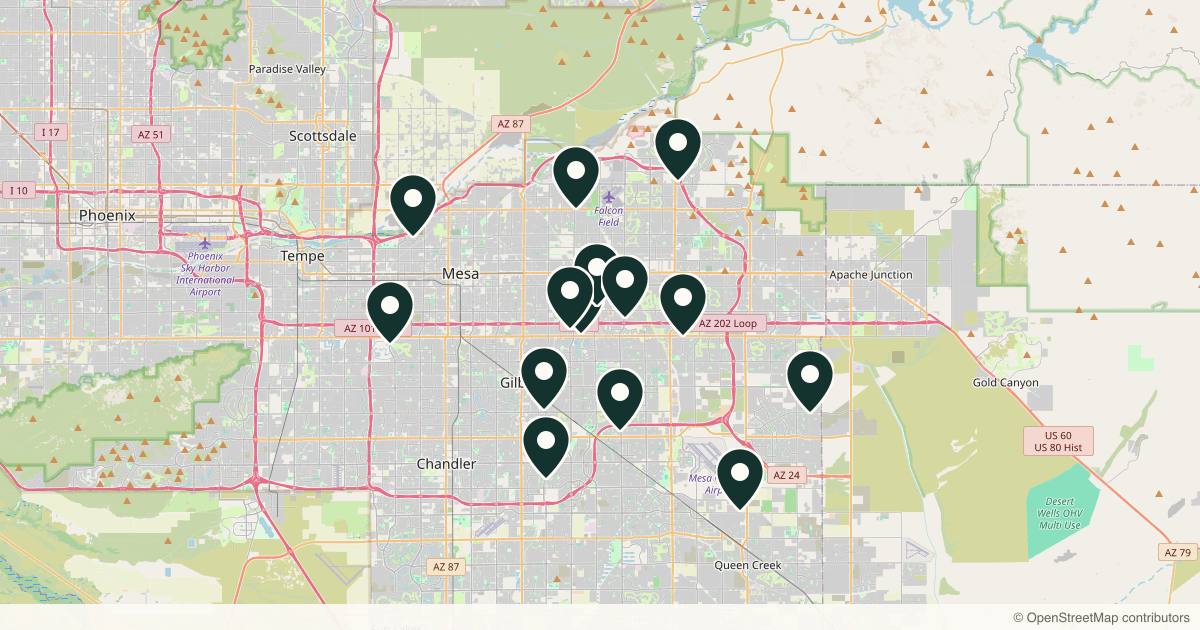 Map of 14 med spas and aesthetic clinics in Mesa, Arizona