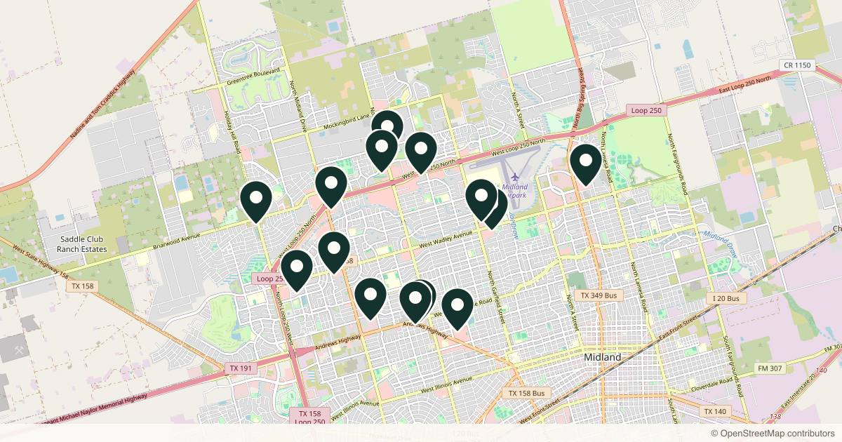 Map of 14 med spas and aesthetic clinics in Midland, Texas