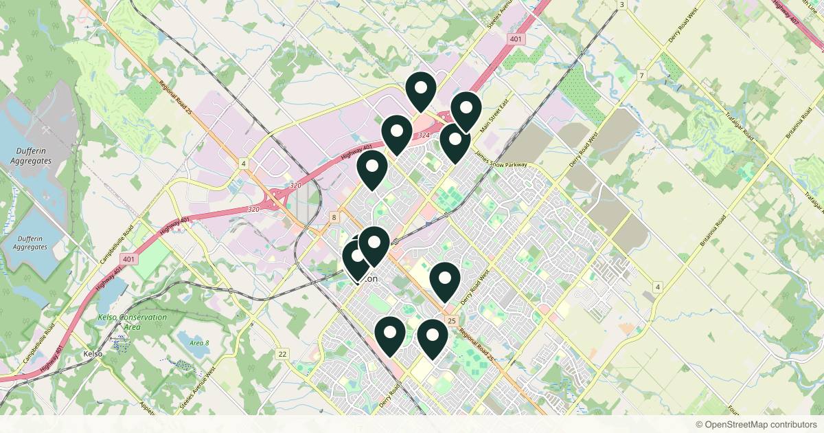 Map of 13 med spas and aesthetic clinics in Milton, Ontario