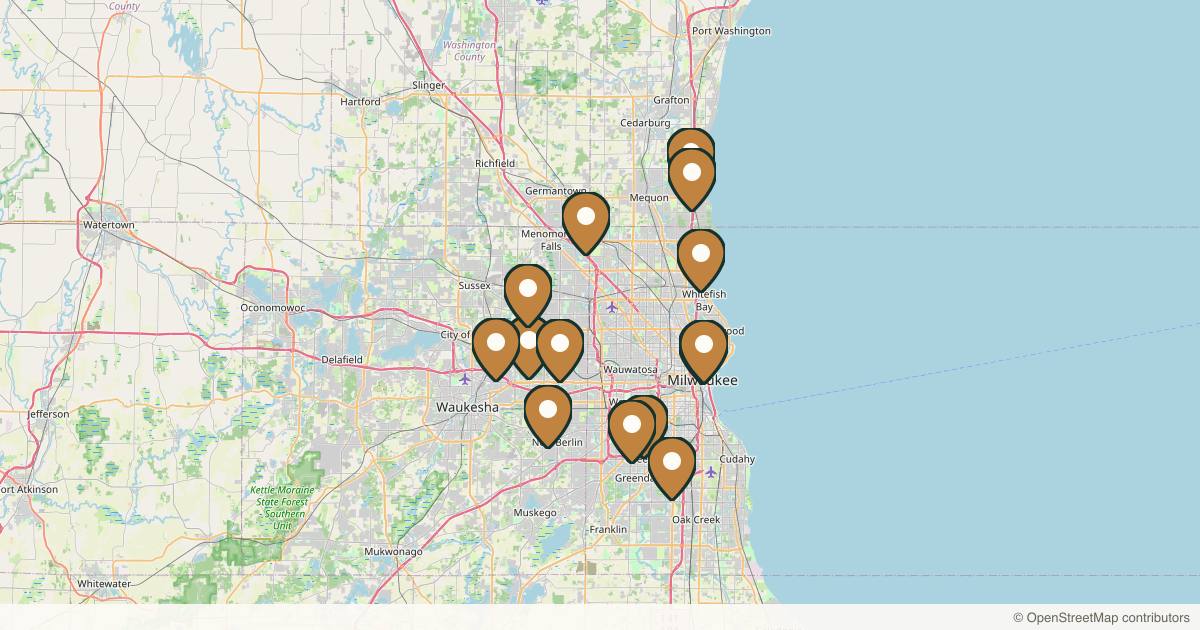 Map of 14 med spas and aesthetic clinics in Milwaukee, Wisconsin