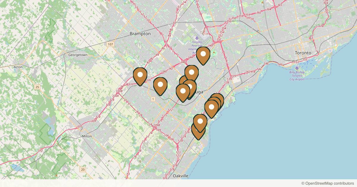 Map of 14 med spas and aesthetic clinics in Mississauga, Ontario
