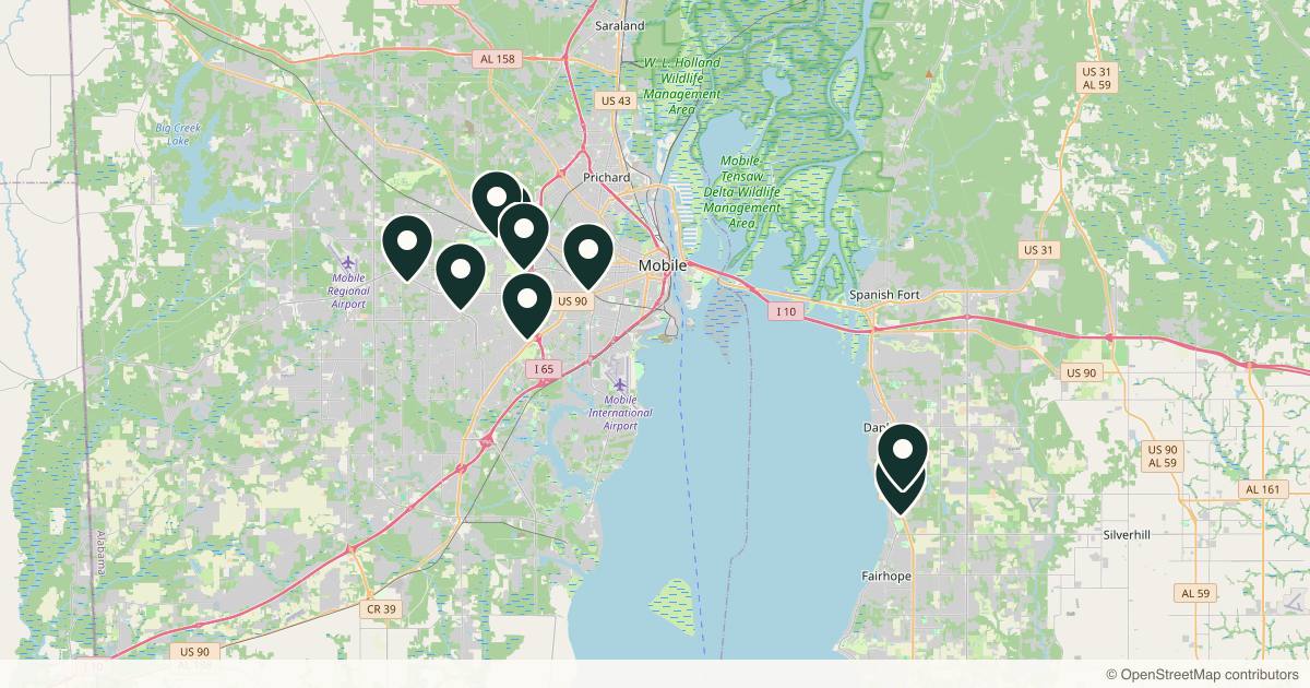 Map of 11 med spas and aesthetic clinics in Mobile, Alabama