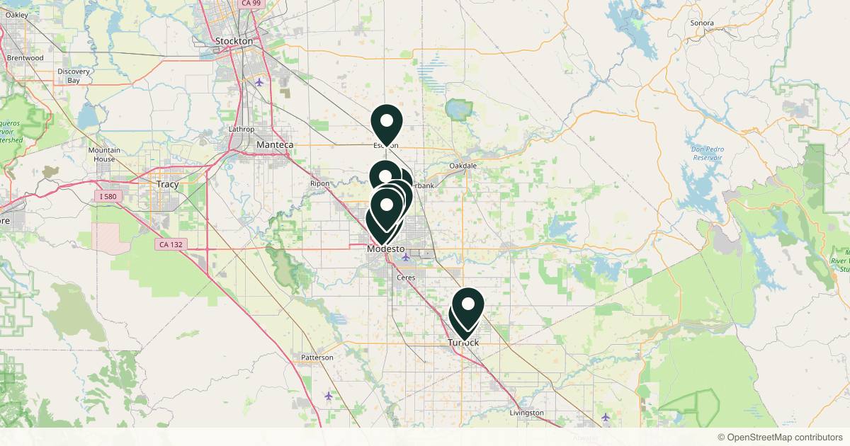 Map of 14 med spas and aesthetic clinics in Modesto, California