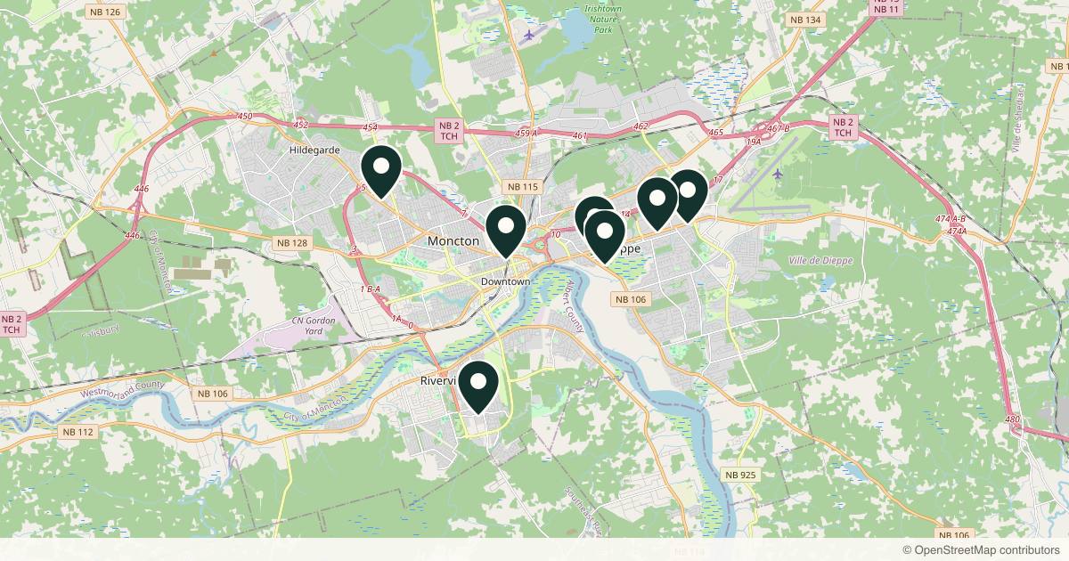Map of 8 med spas and aesthetic clinics in Moncton, New Brunswick