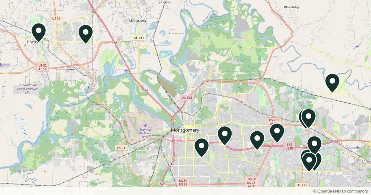 Map of 14 med spas and aesthetic clinics in Montgomery, Alabama