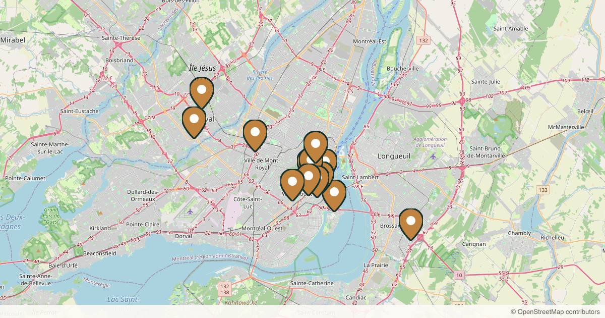 Map of 14 med spas and aesthetic clinics in Montreal, Quebec