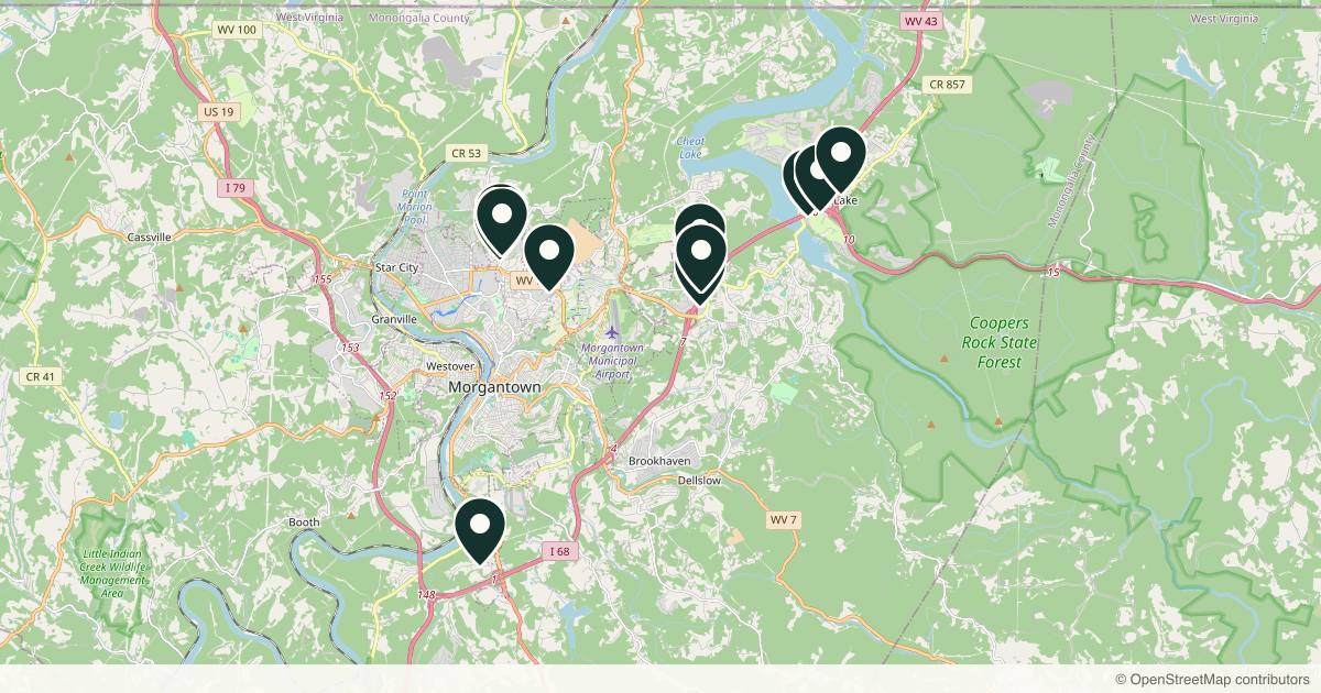 Map of 12 med spas and aesthetic clinics in Morgantown, West Virginia