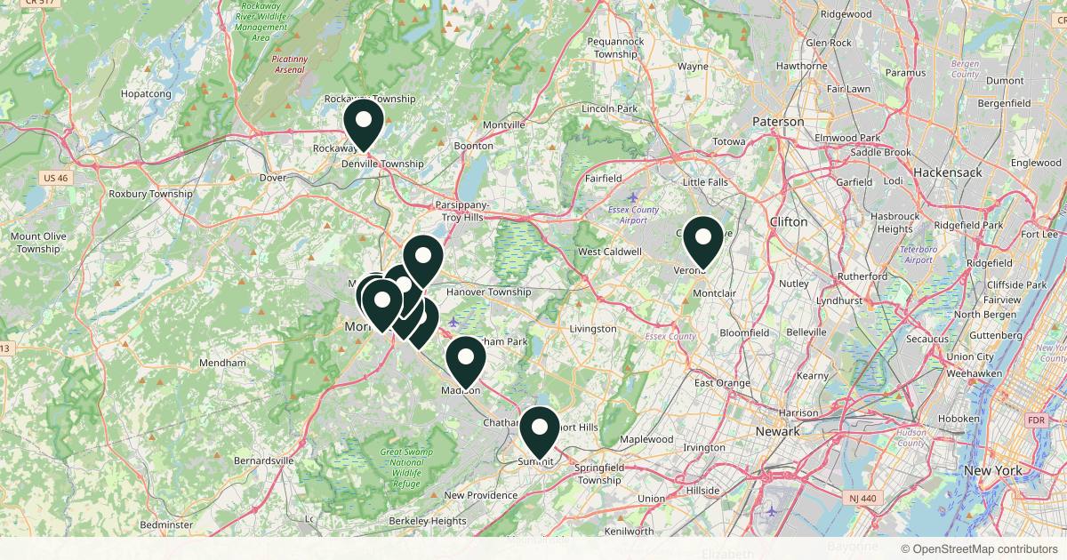 Map of 11 med spas and aesthetic clinics in Morristown, New Jersey