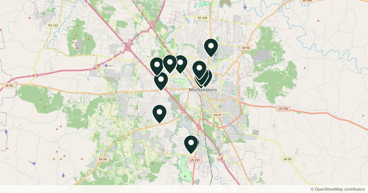 Map of 14 med spas and aesthetic clinics in Murfreesboro, Tennessee