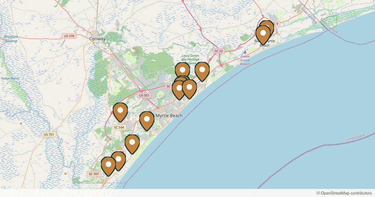 Map of 14 med spas and aesthetic clinics in Myrtle Beach, South Carolina
