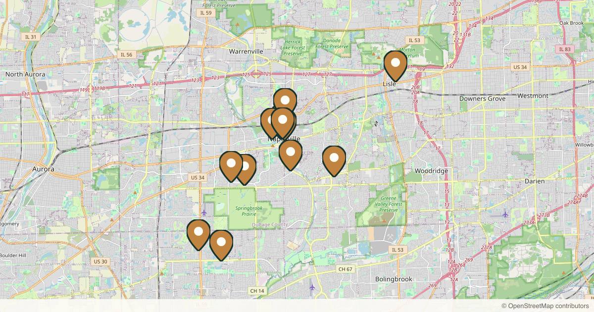 Map of 14 med spas and aesthetic clinics in Naperville, Illinois