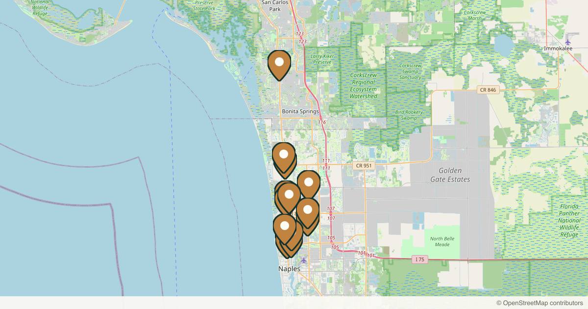 Map of 14 med spas and aesthetic clinics in Naples, Florida