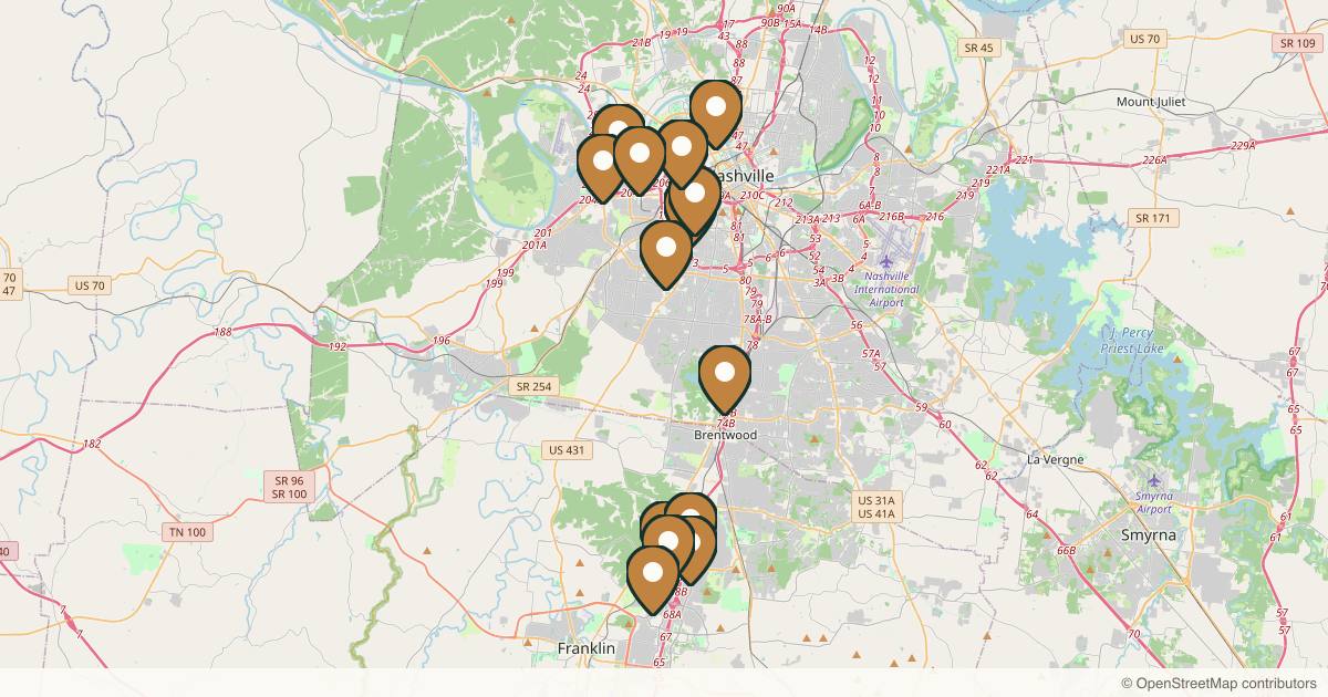 Map of med spas and aesthetic clinics in Nashville, Tennessee