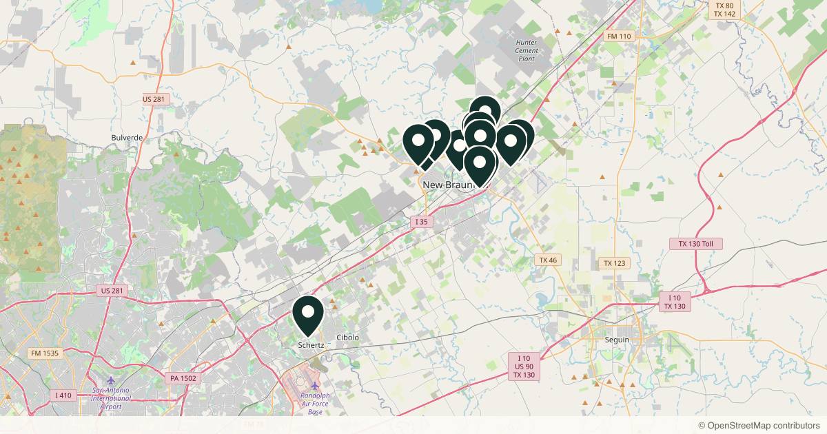 Map of 14 med spas and aesthetic clinics in New Braunfels, Texas