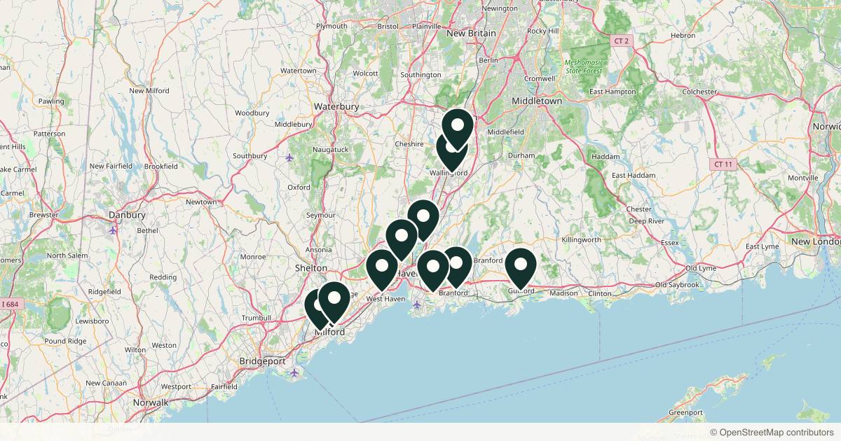 Map of 14 med spas and aesthetic clinics in New Haven, Connecticut