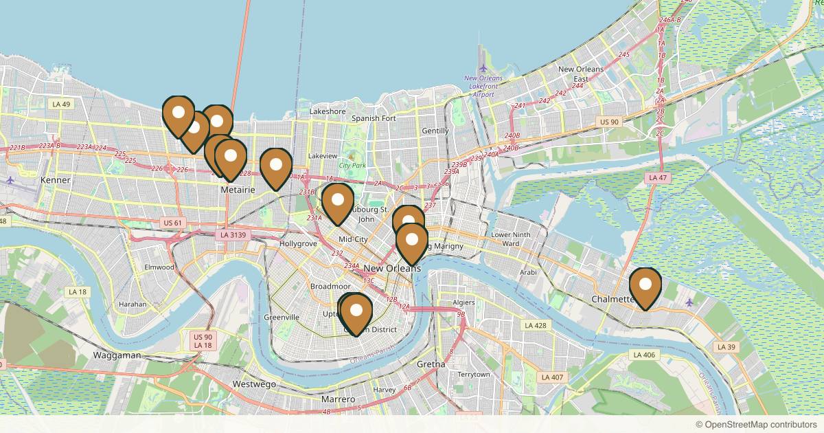 Map of 14 med spas and aesthetic clinics in New Orleans, Louisiana
