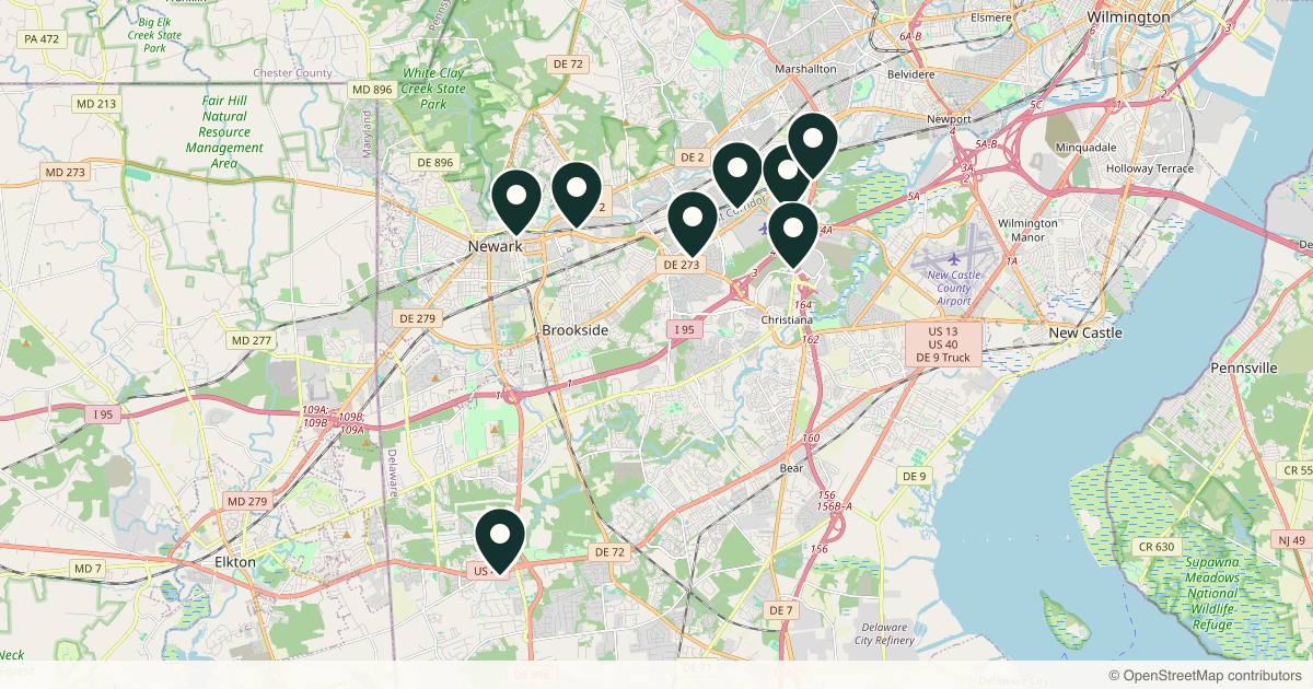 Map of 11 med spas and aesthetic clinics in Newark, Delaware