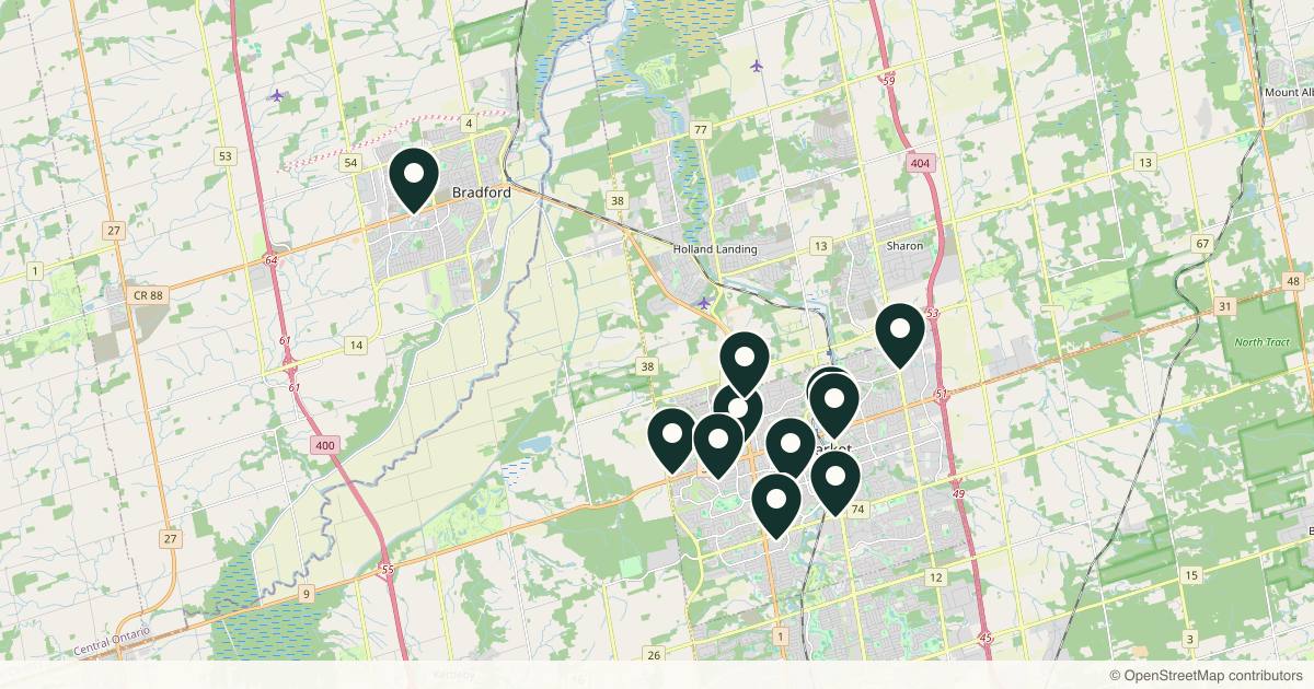Map of 11 med spas and aesthetic clinics in Newmarket, Ontario