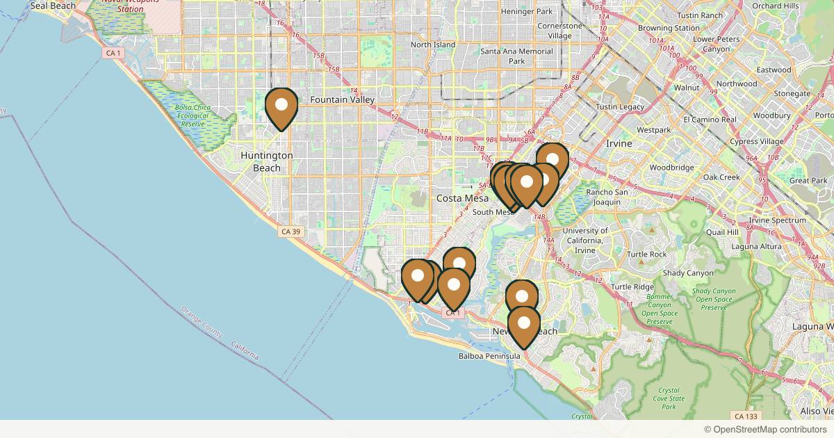 Map of 14 med spas and aesthetic clinics in Newport Beach, California