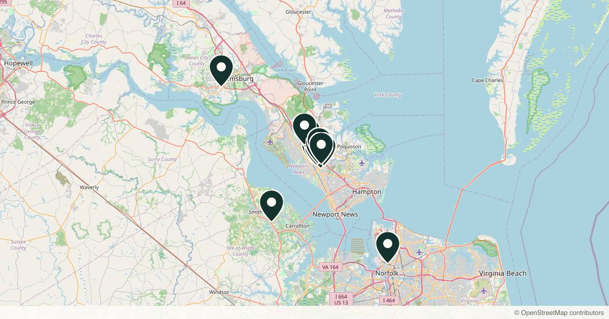 Map of 14 med spas and aesthetic clinics in Newport News, Virginia