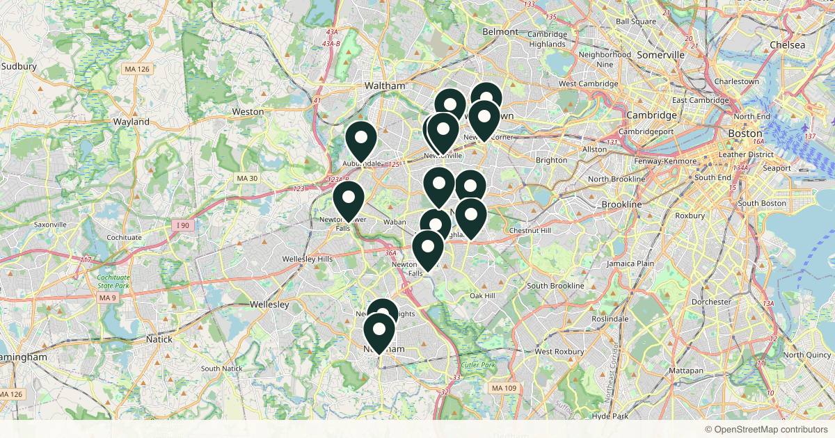 Map of 14 med spas and aesthetic clinics in Newton, Massachusetts