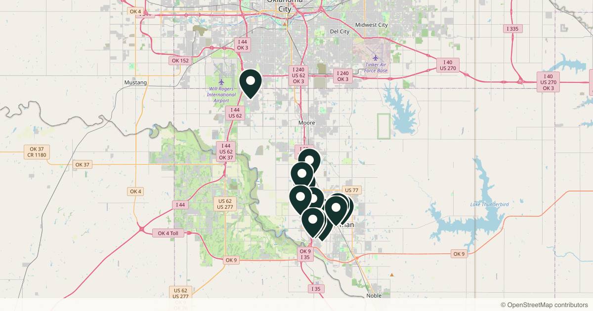 Map of 14 med spas and aesthetic clinics in Norman, Oklahoma