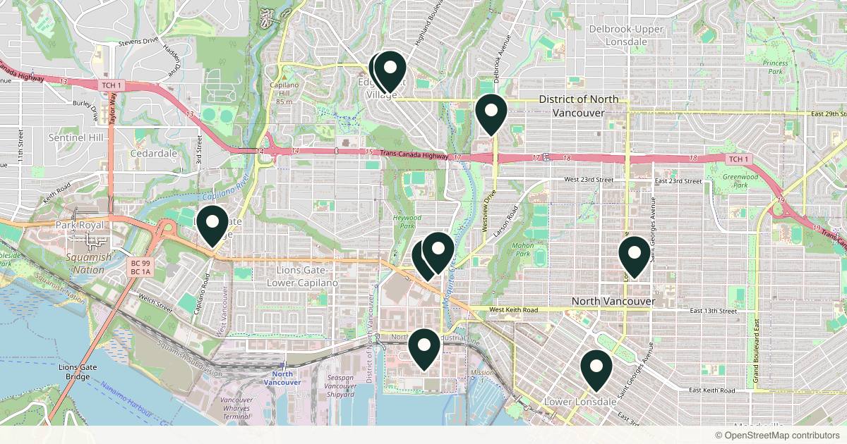 Map of 10 med spas and aesthetic clinics in North Vancouver, British Columbia