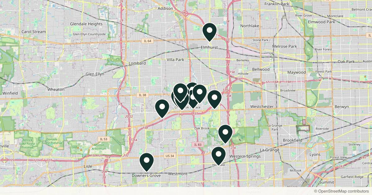 Map of 14 med spas and aesthetic clinics in Oak Brook, Illinois