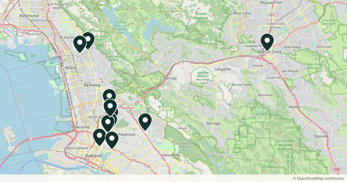 Map of 14 med spas and aesthetic clinics in Oakland, California