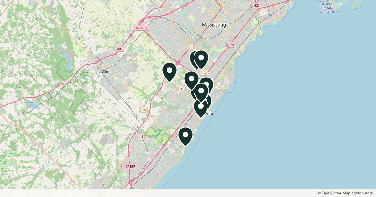 Map of 14 med spas and aesthetic clinics in Oakville, Ontario