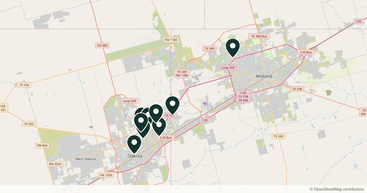 Map of 14 med spas and aesthetic clinics in Odessa, Texas