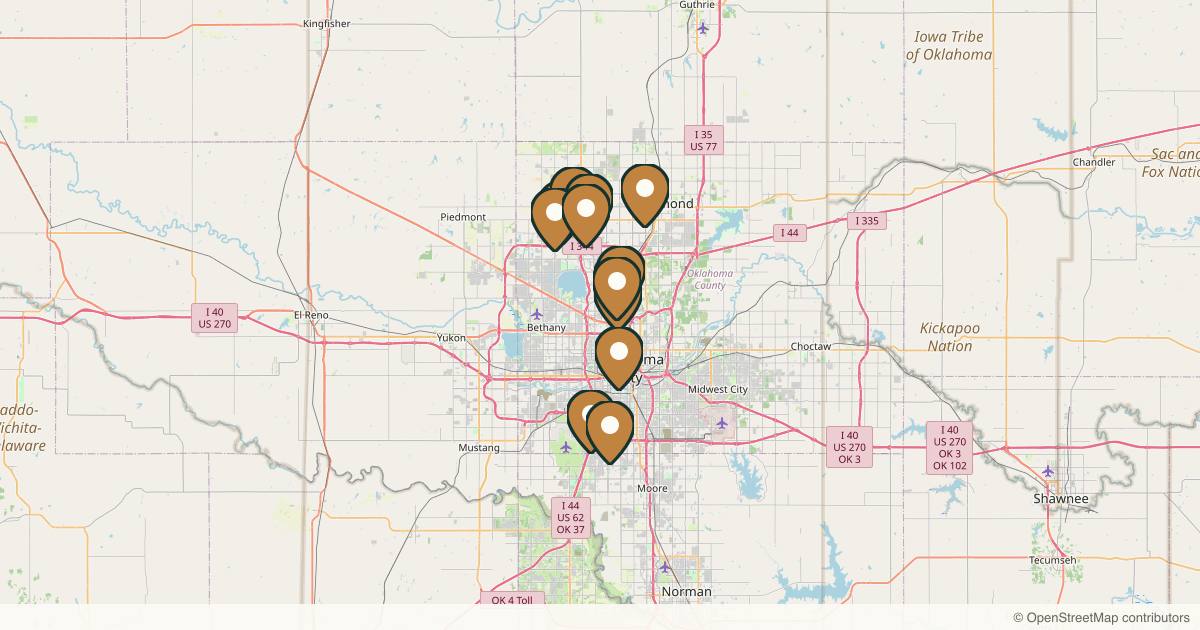 Map of 14 med spas and aesthetic clinics in Oklahoma City, Oklahoma