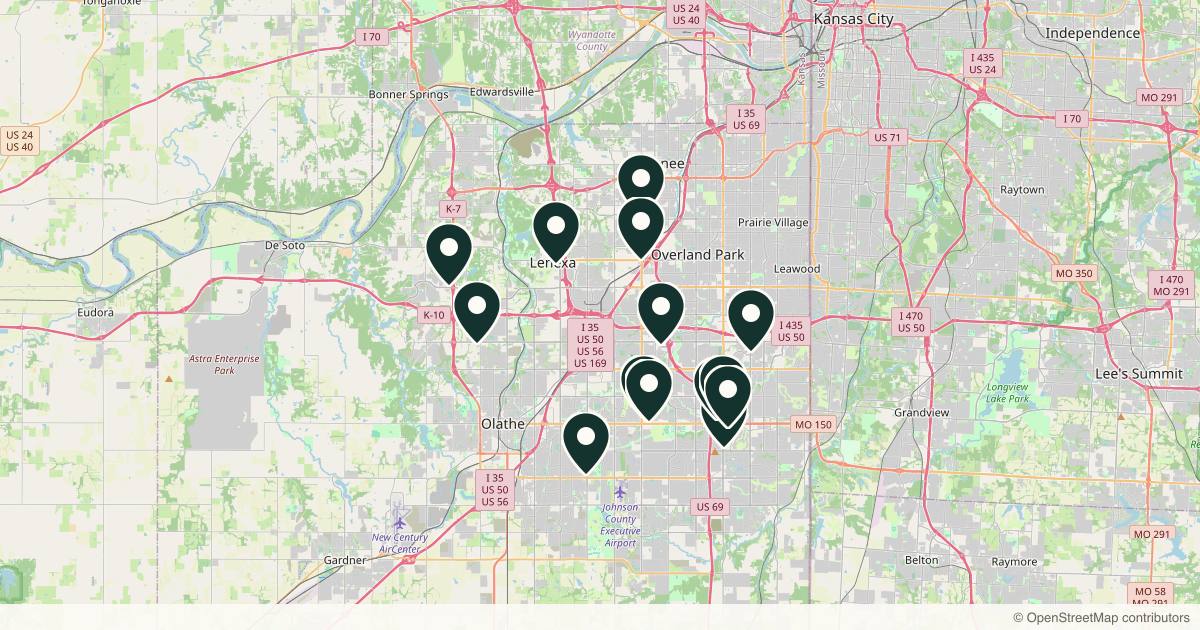 Map of 14 med spas and aesthetic clinics in Olathe, Kansas